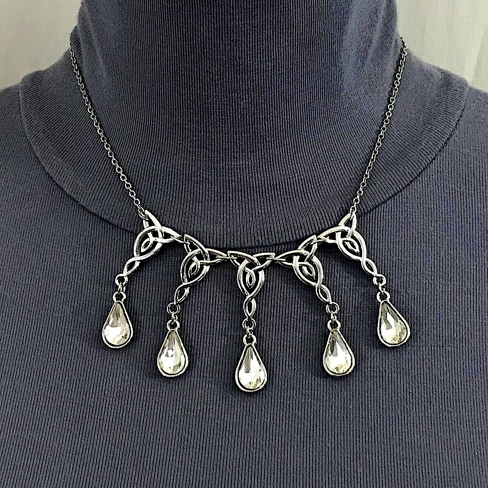 Elven 5 Celtic Knots with Dangling Crystal Teardrops Handmade Silver Necklace